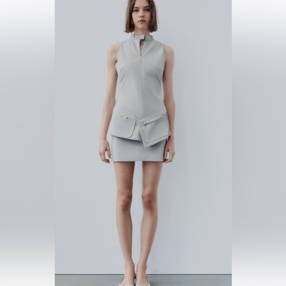 New! Zara small belted sleeveless mini dress with pockets in stone color. - Picture 2 of 16